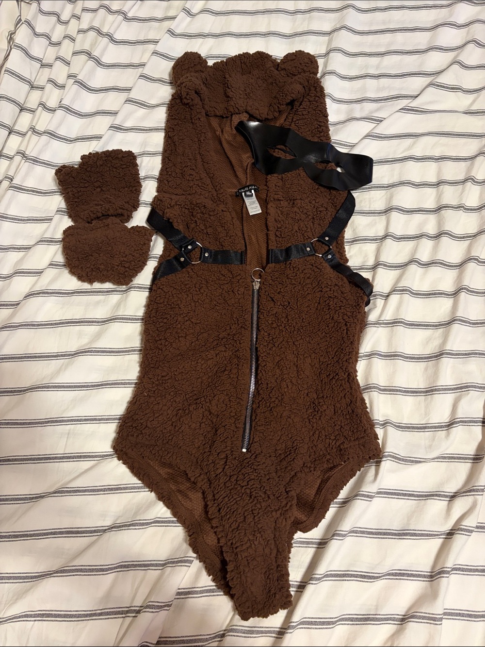 Dolls Kill Brown Teddy Sherpa Bodysuit with Hood
